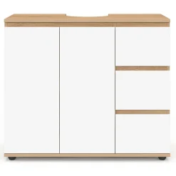 IDMarket Meuble sous lavabo salle de bain avec placard et 3 tiroirs façon hêtre et blanc* Meubles Salle De Bain