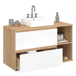 IDMarket Meuble sous vasque suspendu salle de bain 2 tiroirs et 2 niches façon hêtre et blanc* Collection Contemporaine|Meubles Salle De Bain
