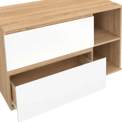 IDMarket Meuble sous vasque suspendu salle de bain 2 tiroirs et 2 niches façon hêtre et blanc* Collection Contemporaine|Meubles Salle De Bain