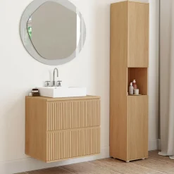 IDMarket Meuble sous vasque suspendu salle de bain 2 tiroirs effet lattes* Meubles Salle De Bain|Collection Moderne