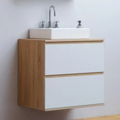 IDMarket Meuble sous vasque suspendu salle de bain 2 tiroirs façon hêtre et blanc* Collection Contemporaine|Meubles Salle De Bain