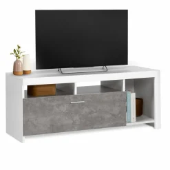 IDMarket Meuble télé 110 cm blanc et placard effet béton* Collection Design|Collection Contemporaine
