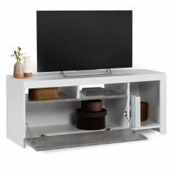 IDMarket Meuble télé 110 cm blanc et placard effet béton* Collection Design|Collection Contemporaine