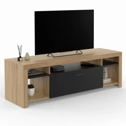 IDMarket Meuble télé 140 cm bois et placard noir* Collection Contemporaine|Collection Design