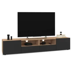 IDMarket Meuble télé 180 cm noir et bois façon hêtre avec rangement* Collection Contemporaine|Meubles Tv