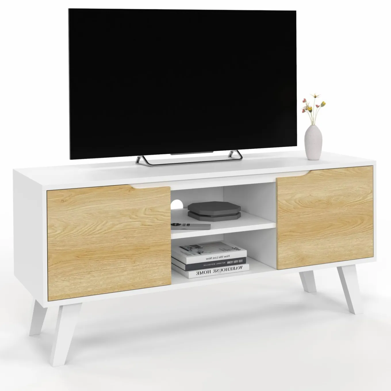 IDMarket Meuble télé bois blanc 2 portes façon hêtre 110 cm* Collection Scandinave|Meubles Tv