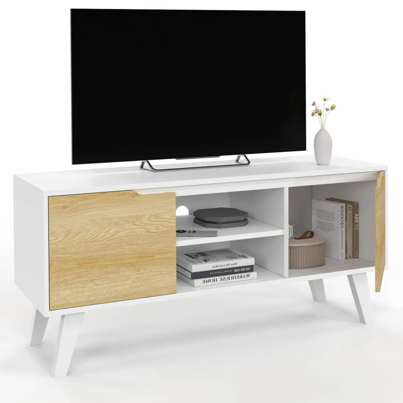 IDMarket Meuble télé bois blanc 2 portes façon hêtre 110 cm* Collection Scandinave|Meubles Tv