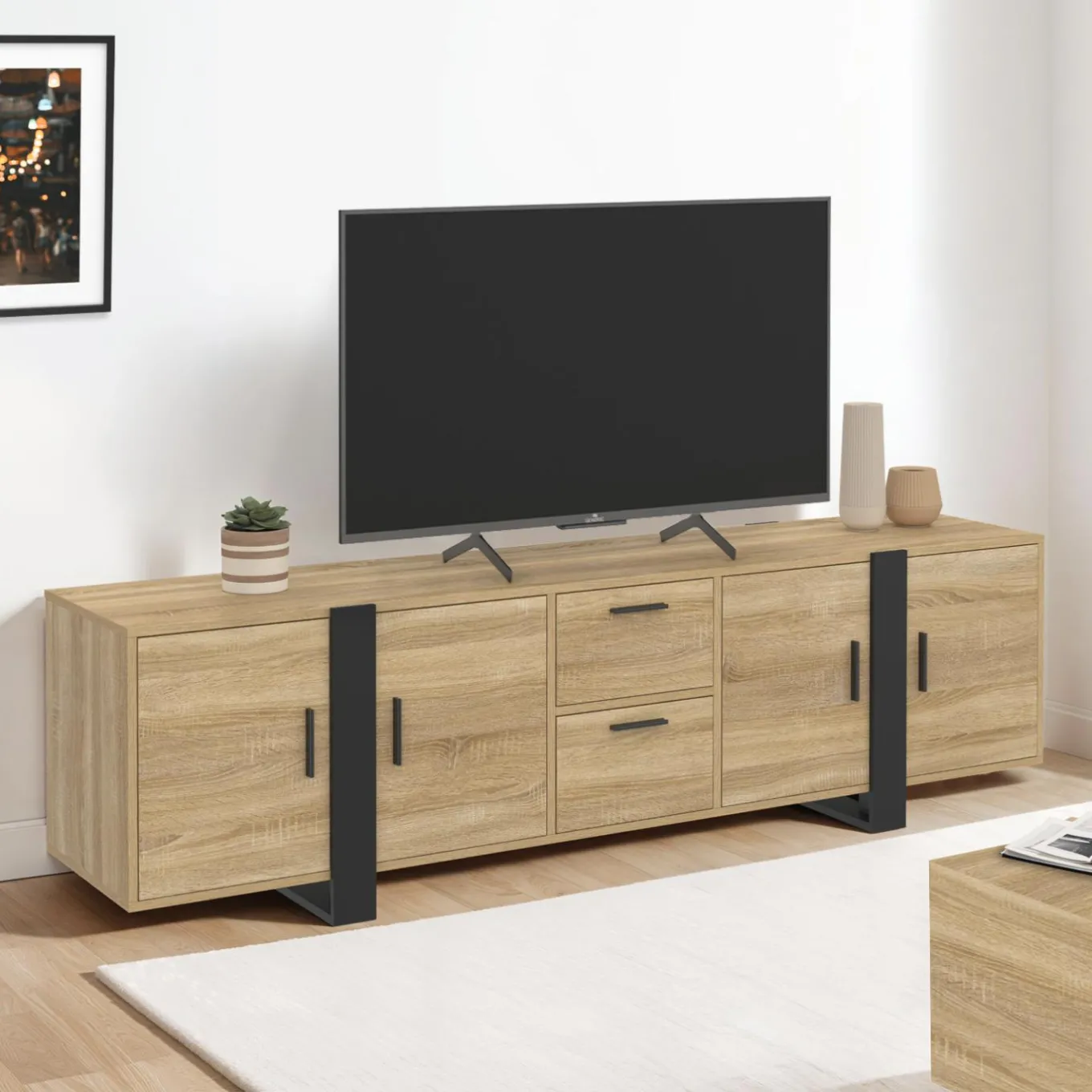 IDMarket Meuble télé bois et noir 4 portes + 2 tiroirs 180 cm* Meubles Tv