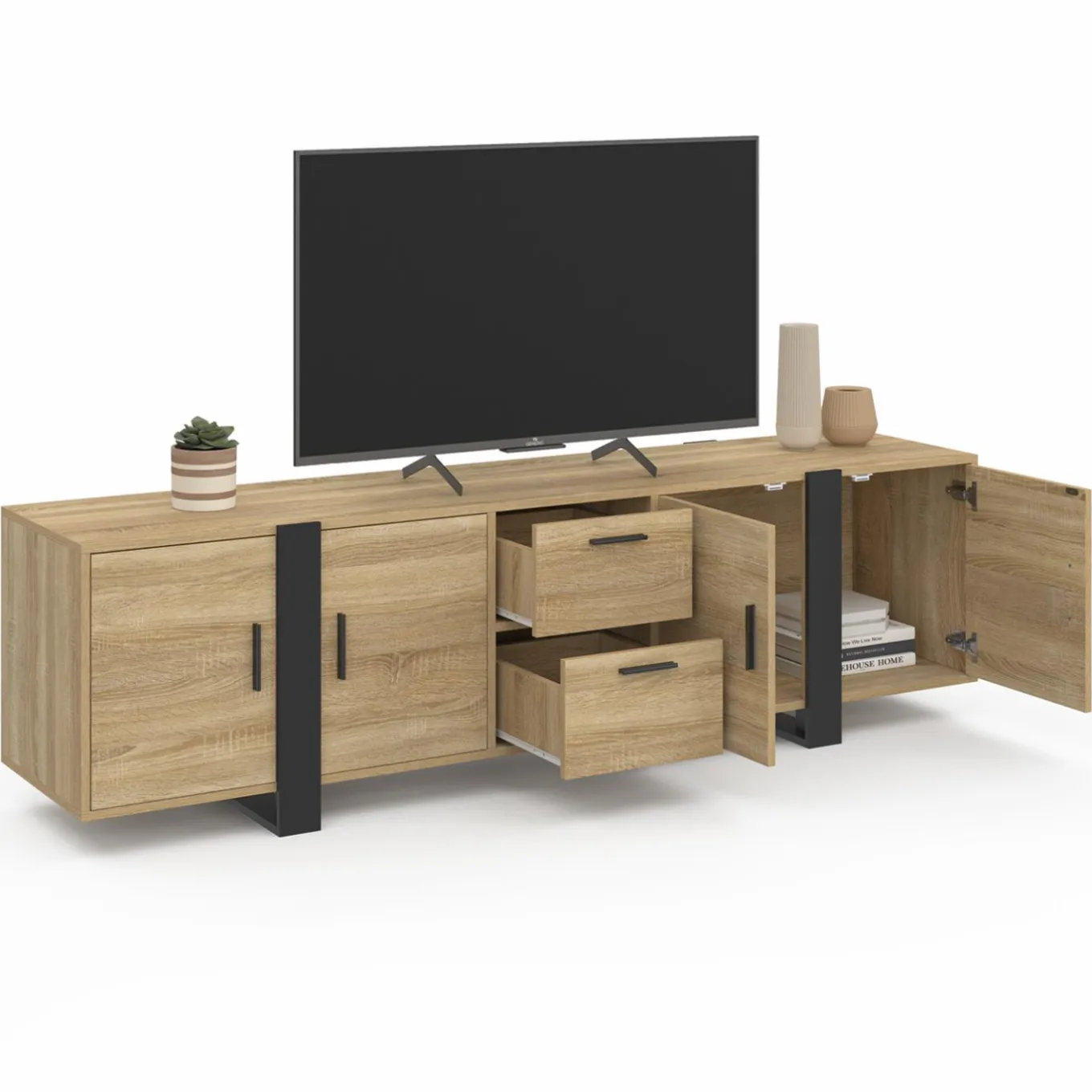 IDMarket Meuble télé bois et noir 4 portes + 2 tiroirs 180 cm* Meubles Tv