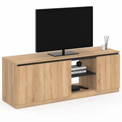 IDMarket Meuble télé bois façon hêtre et noir 140 cm 3 portes* Collection Contemporaine|Salon Complet