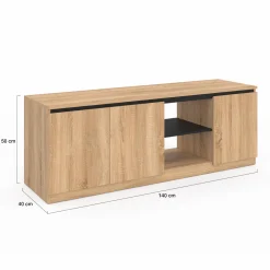 IDMarket Meuble télé bois façon hêtre et noir 140 cm 3 portes* Collection Contemporaine|Salon Complet