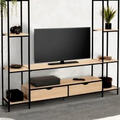 IDMarket Meuble télé bois métal avec étagères et tiroirs* Collection Industrielle|Salon Complet