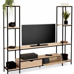 IDMarket Meuble télé bois métal avec étagères et tiroirs* Collection Industrielle|Salon Complet