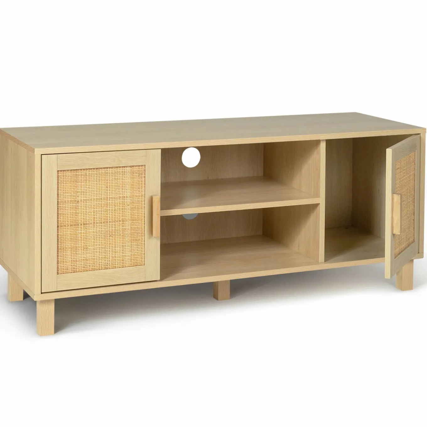IDMarket Meuble télé cannage et bois clair avec étagères* Meubles En Bois|Collection Cannage