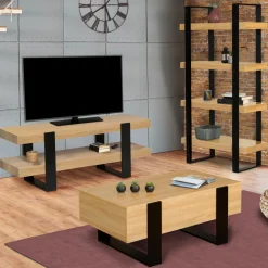 IDMarket Meuble télé design noir et bois avec double plateau* Collection Design|Collection Moderne