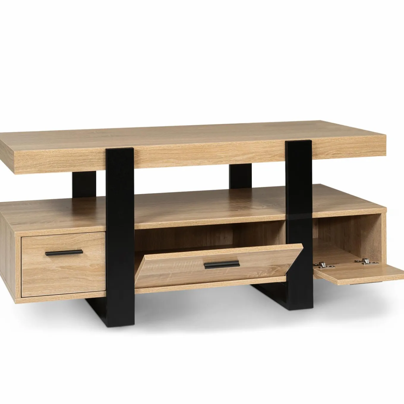 IDMarket Meuble télé design noir et bois avec rangement* Meubles Tiroirs|Meubles Bas