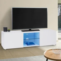 IDMarket Meuble télé LED blanc avec étagère en verre* Meubles Blancs|Collection Design