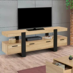 IDMarket Meuble télé noir et bois 140 cm avec 3 tiroirs* Meubles Tiroirs|Collection Design