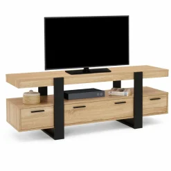 IDMarket Meuble télé noir et bois 140 cm avec 3 tiroirs* Meubles Tiroirs|Collection Design