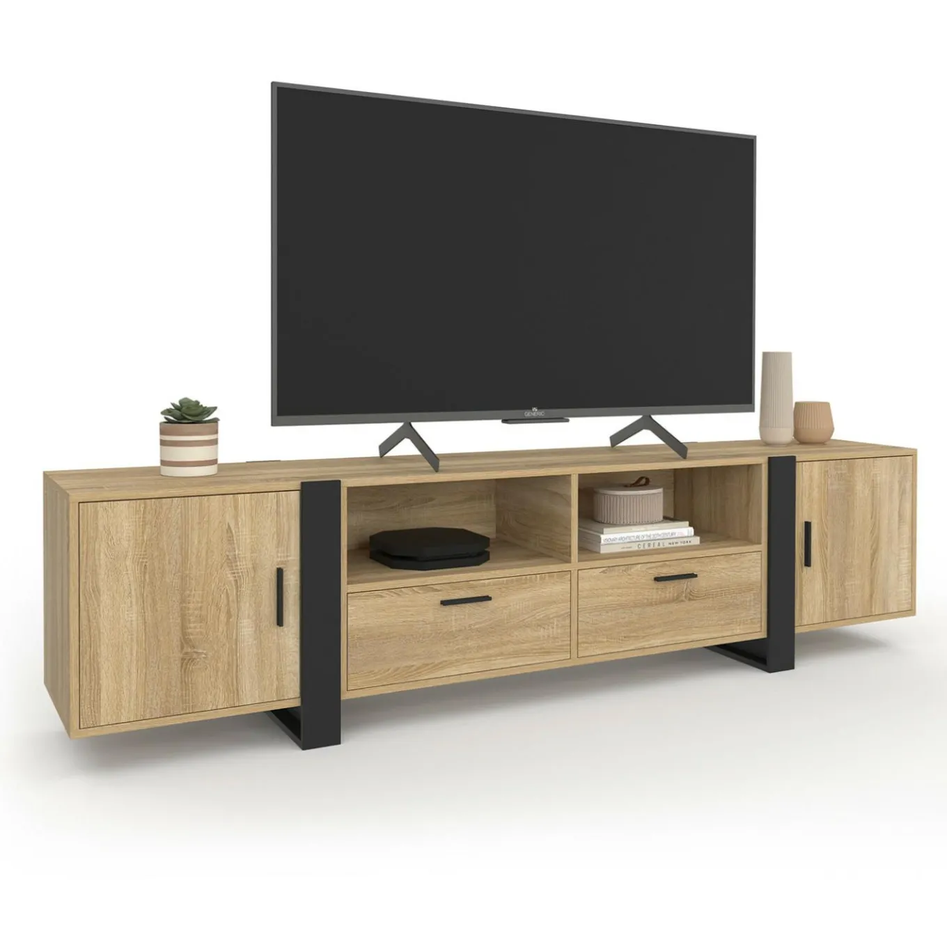 IDMarket Meuble TV 200 cm 2 portes 2 tiroirs bois et noir* Meubles Tv