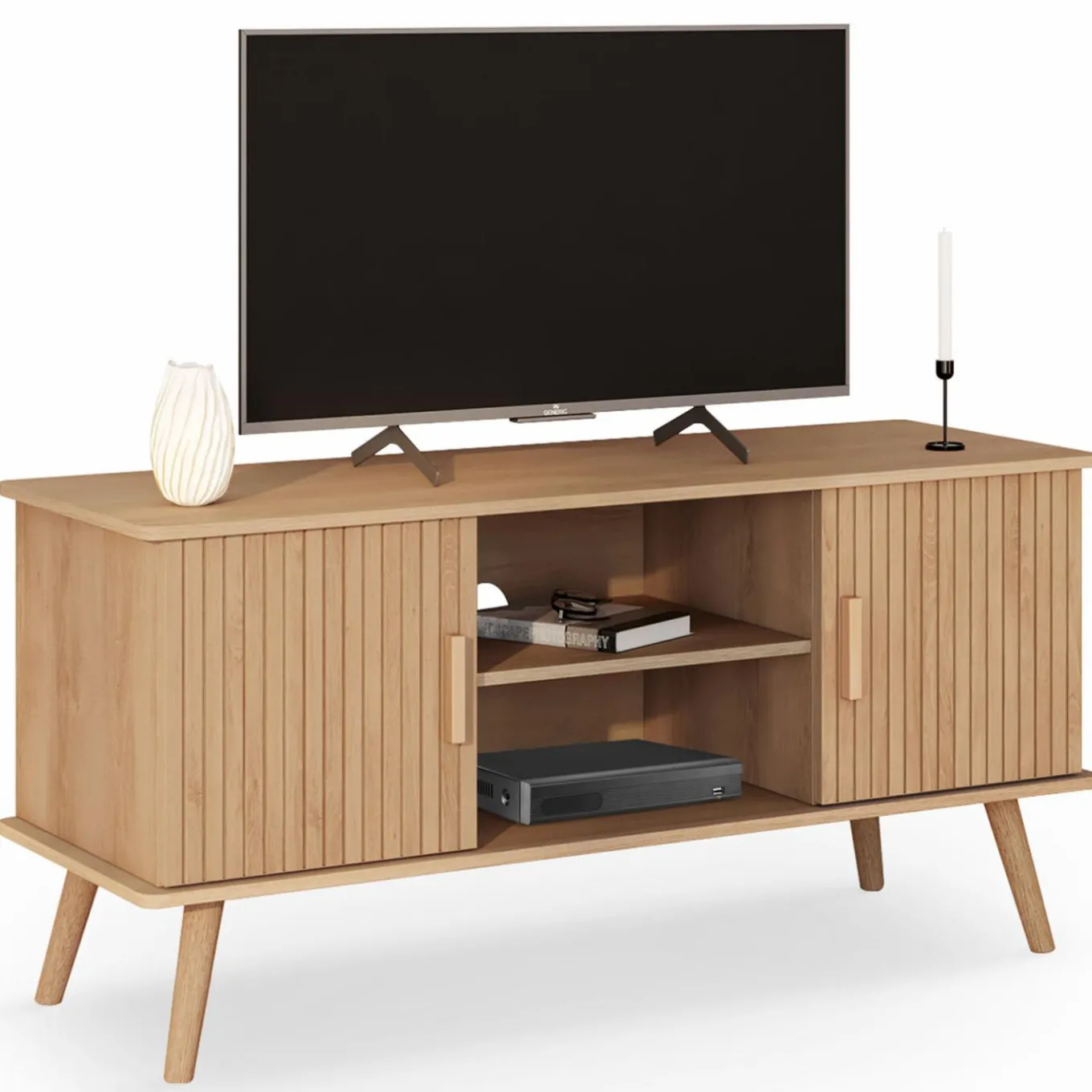 IDMarket Meuble TV 110 cm avec 2 portes effet lattes tasseau bois* Meubles Tv