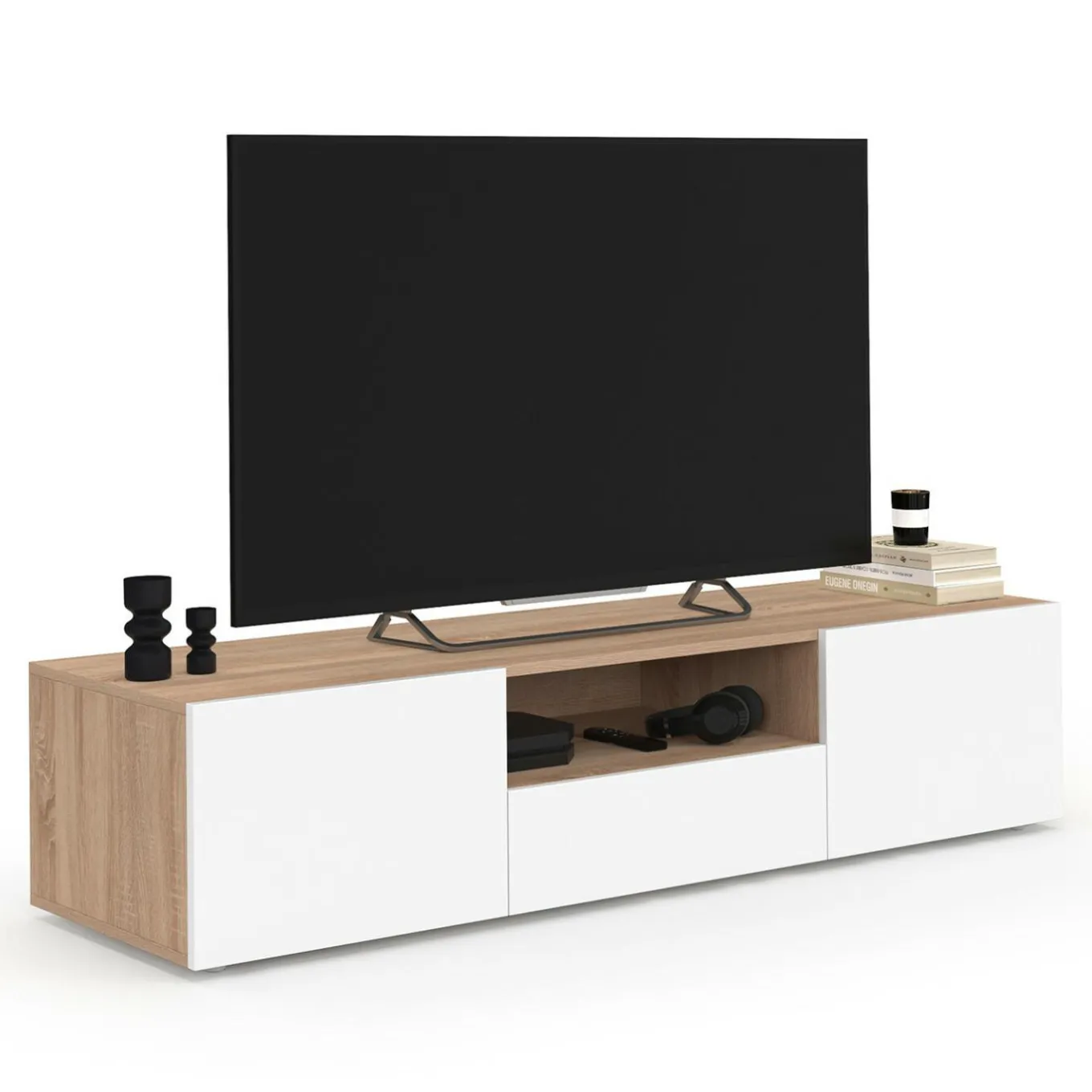 IDMarket Meuble TV 140 cm bois façon hêtre portes blanches* Meubles Tv|Salon Complet