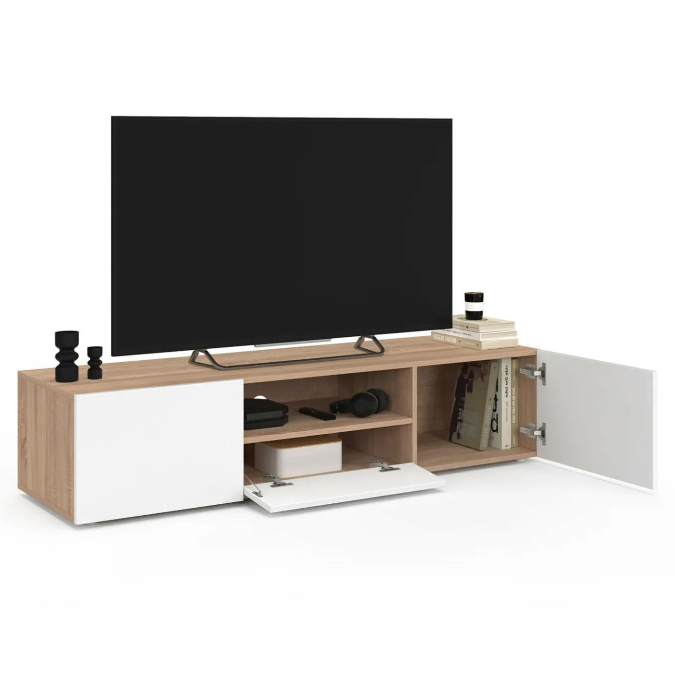 IDMarket Meuble TV 140 cm bois façon hêtre portes blanches* Meubles Tv|Salon Complet