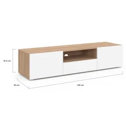 IDMarket Meuble TV 140 cm bois façon hêtre portes blanches* Meubles Tv|Salon Complet