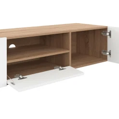 IDMarket Meuble TV 140 cm bois façon hêtre portes blanches* Meubles Tv|Salon Complet