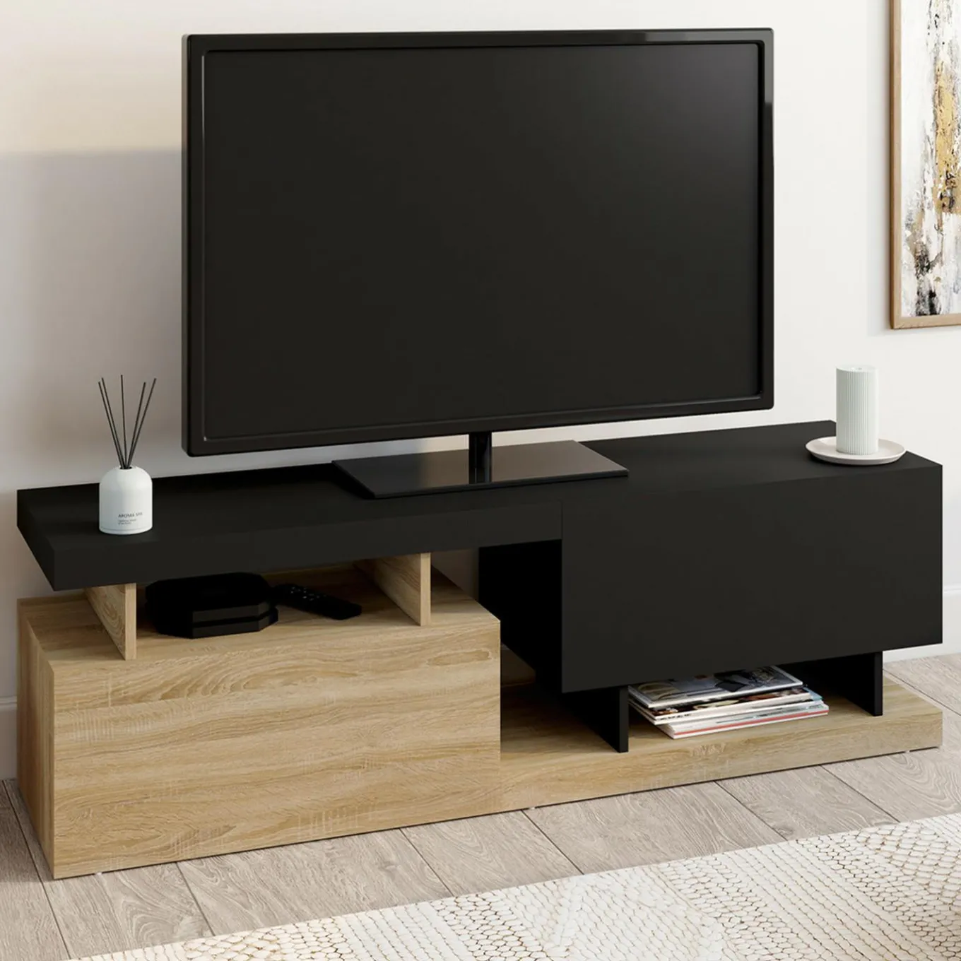 IDMarket Meuble TV 140 cm double-portes effet bois et noir* Meubles Tv