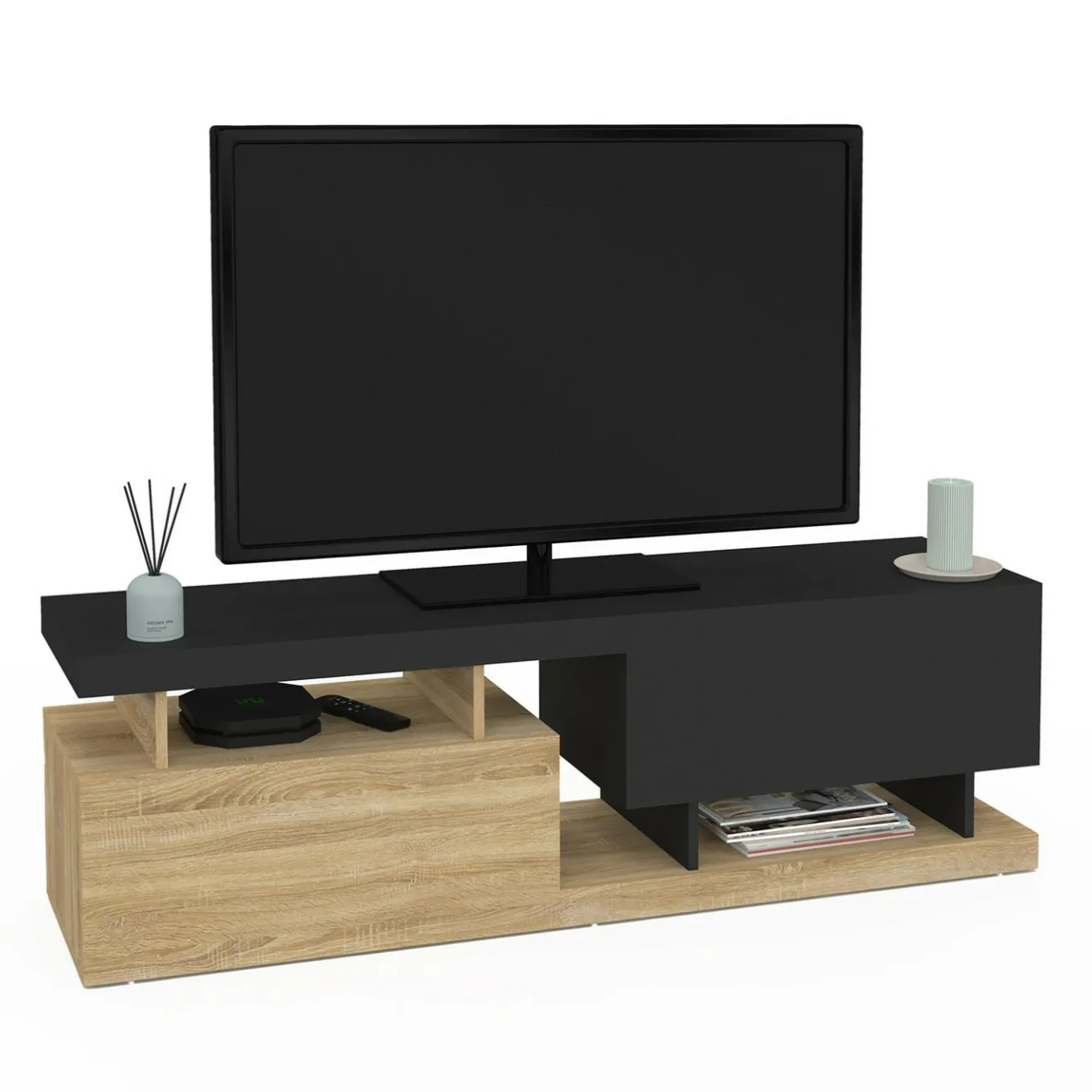 IDMarket Meuble TV 140 cm double-portes effet bois et noir* Meubles Tv