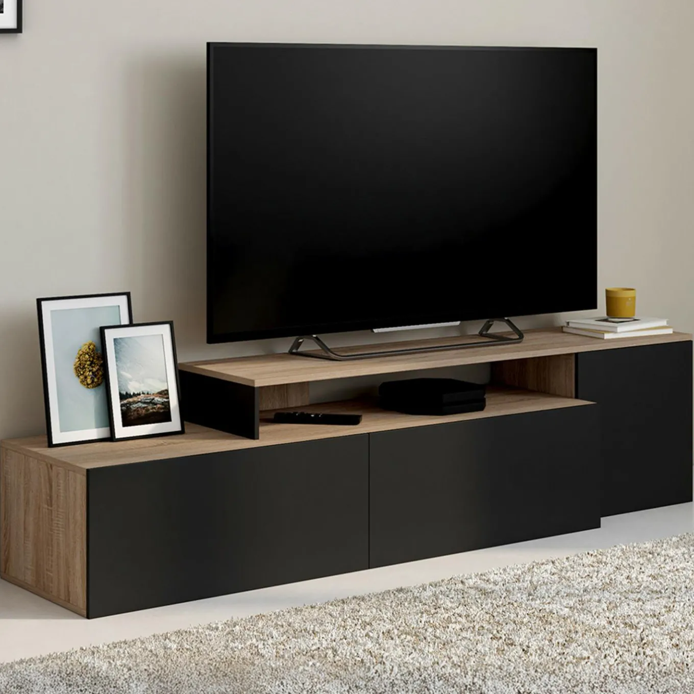 IDMarket Meuble TV 140-180 cm modulable d'angle rotatif bois et noir* Meubles Tv