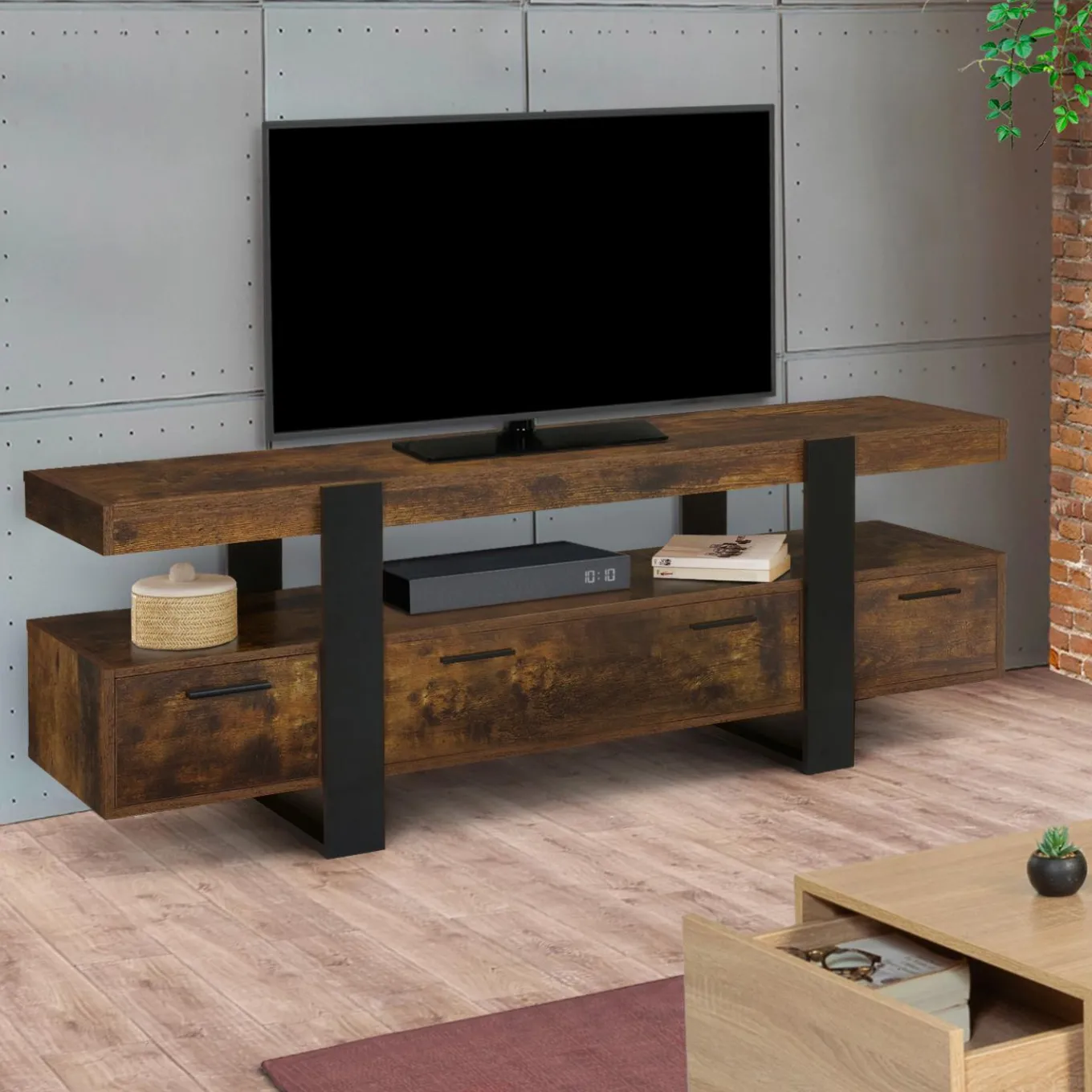 IDMarket Meuble TV 140 cm noir et bois effet vieilli avec rangement* Meubles Tiroirs|Collection Vintage