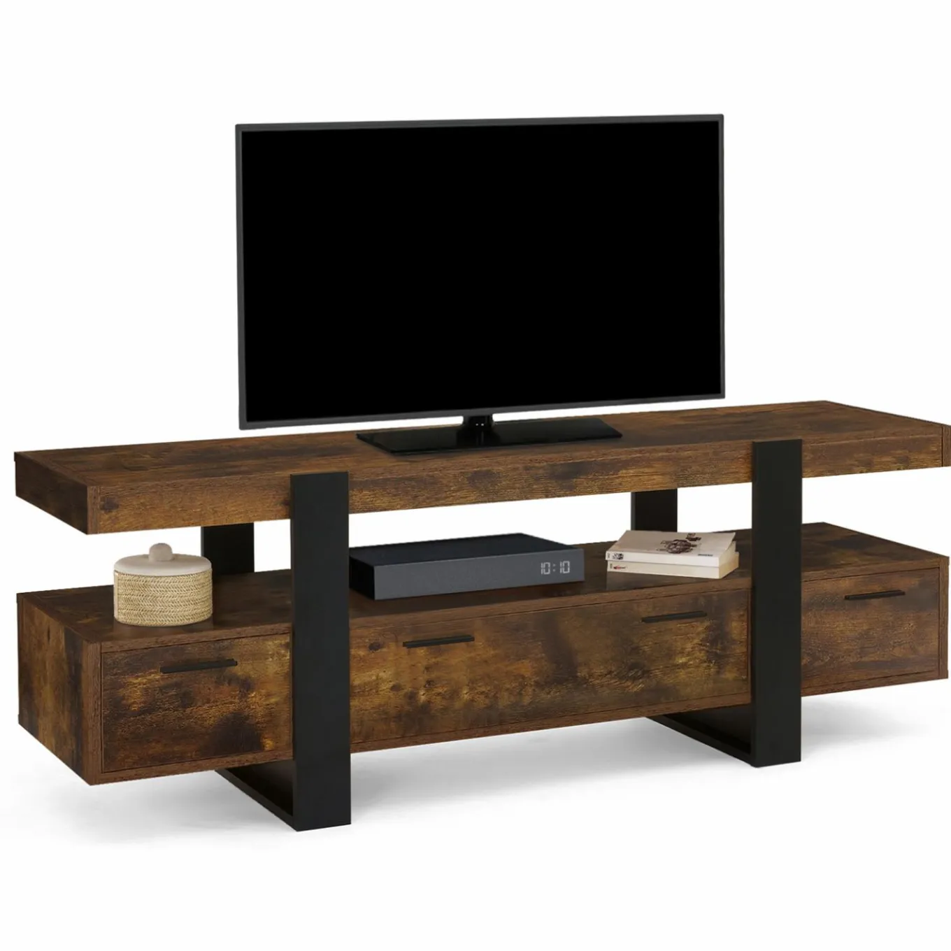 IDMarket Meuble TV 140 cm noir et bois effet vieilli avec rangement* Meubles Tiroirs|Collection Vintage