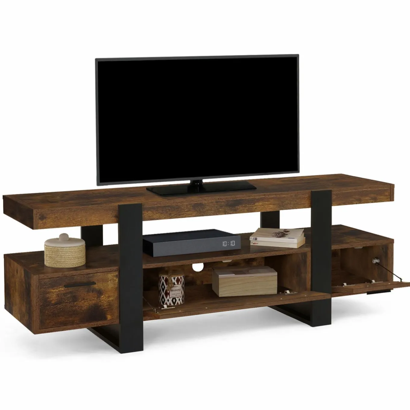 IDMarket Meuble TV 140 cm noir et bois effet vieilli avec rangement* Meubles Tiroirs|Collection Vintage