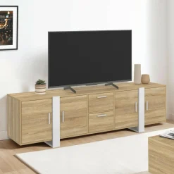 IDMarket Meuble TV 180 cm PHOENIX 4 portes + 2 tiroirs bois et blanc* Meubles Tv