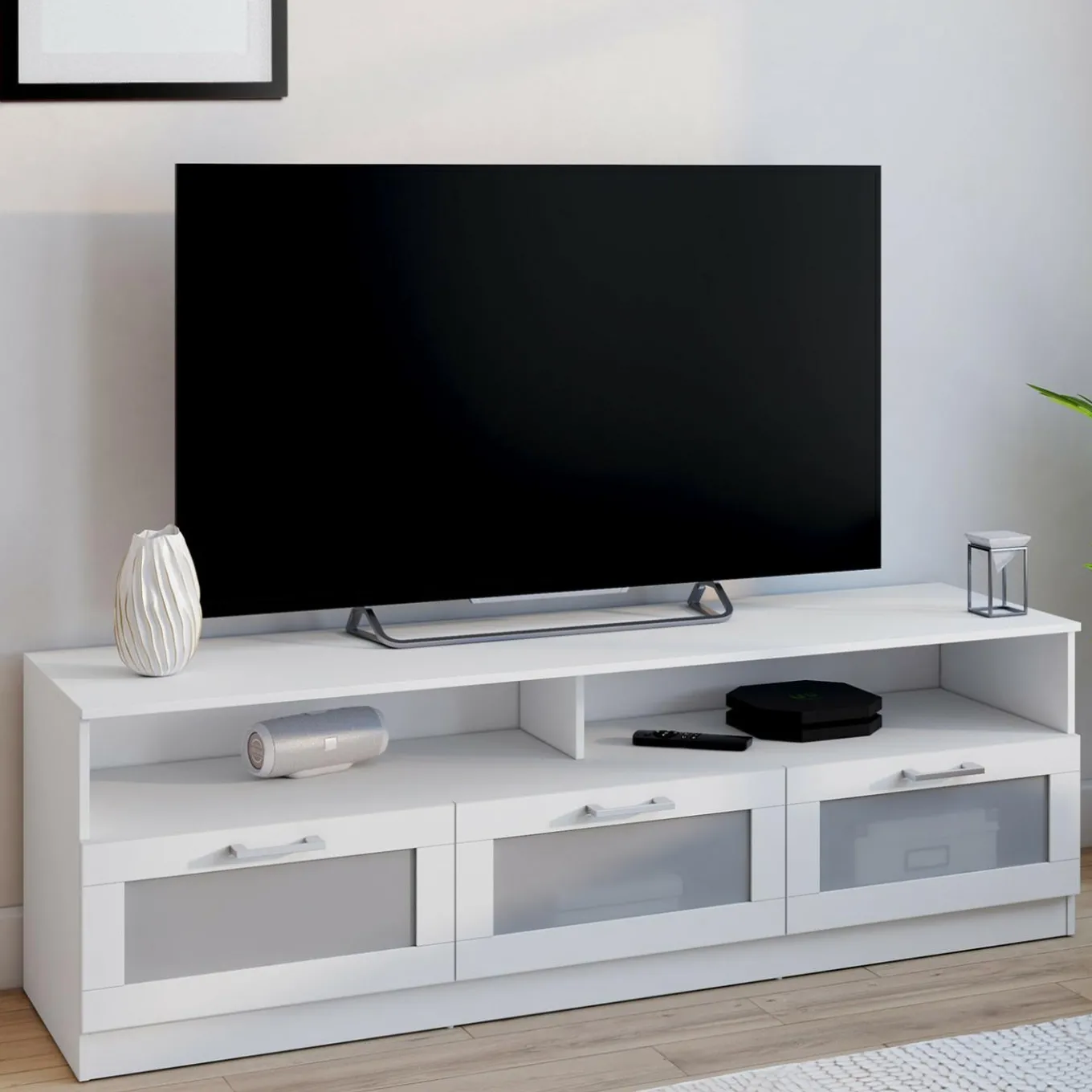 IDMarket Meuble tv 140 cm portes givrées blanc* Salon Complet|Meubles Tv