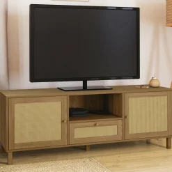 IDMarket Meuble TV 140 cm vintage 3 portes effet naturel cannage* Meubles En Bois|Collection Cannage