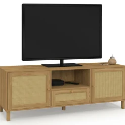 IDMarket Meuble TV 140 cm vintage 3 portes effet naturel cannage* Meubles En Bois|Collection Cannage