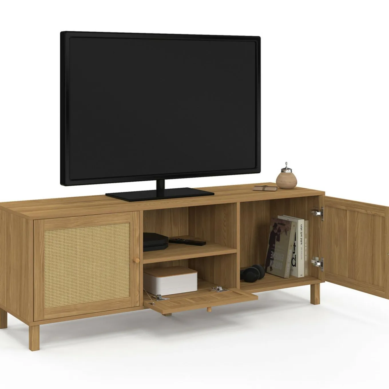 IDMarket Meuble TV 140 cm vintage 3 portes effet naturel cannage* Meubles En Bois|Collection Cannage