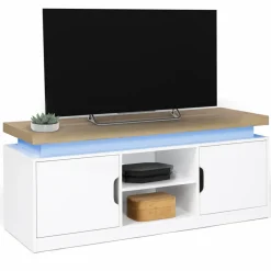 IDMarket Meuble TV à LEDS blanc et bois avec 2 portes 110 cm* Meubles Tv|Collection Moderne