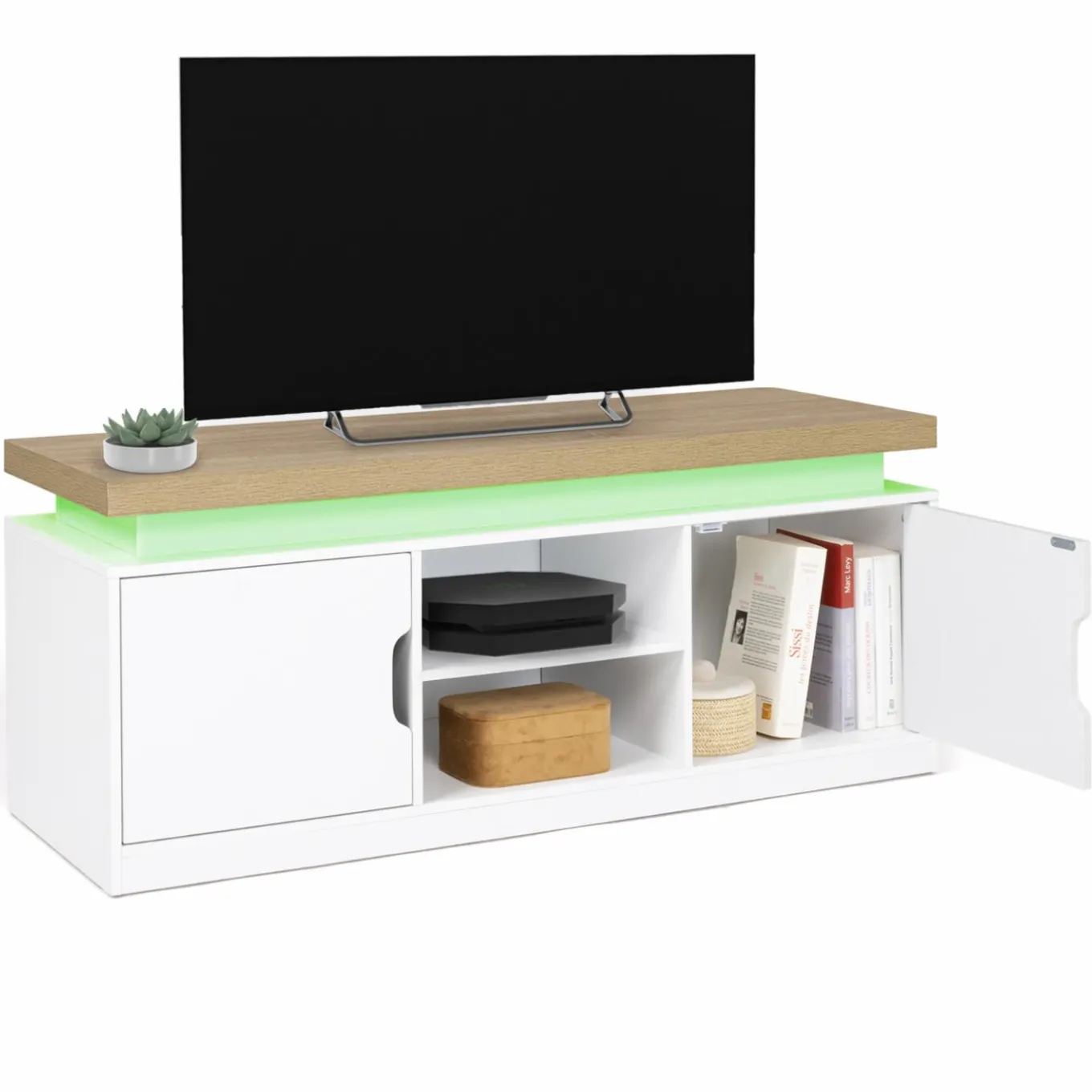 IDMarket Meuble TV à LEDS blanc et bois avec 2 portes 110 cm* Meubles Tv|Collection Moderne