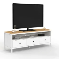 IDMarket Meuble TV 3 tiroirs blanc et plateau bois 140 cm* Meubles Tv|Salon Complet