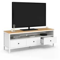 IDMarket Meuble TV 3 tiroirs blanc et plateau bois 140 cm* Meubles Tv|Salon Complet