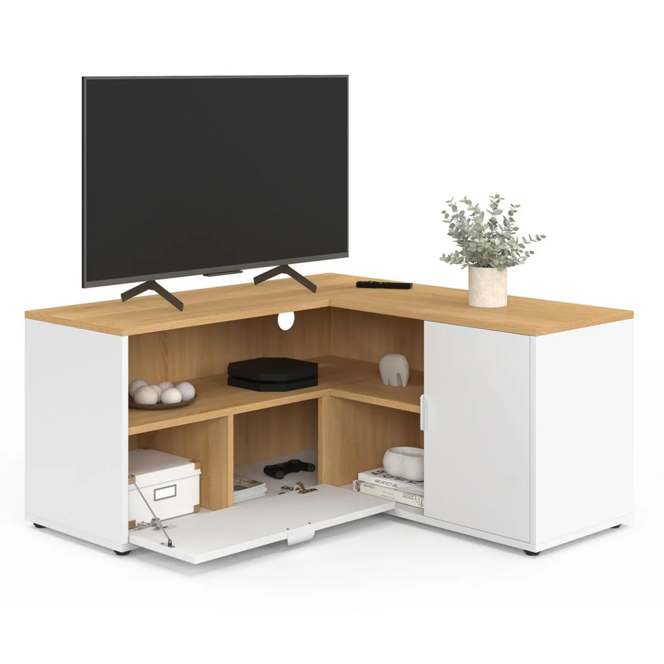 IDMarket Meuble TV 90 x 90 cm d'angle façon hêtre et blanc* Meubles Tv|Collection Moderne