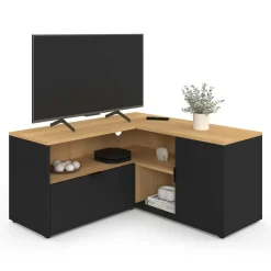 IDMarket Meuble TV 90 x 90 cm d'angle façon hêtre et noir* Meubles Tv|Collection Moderne