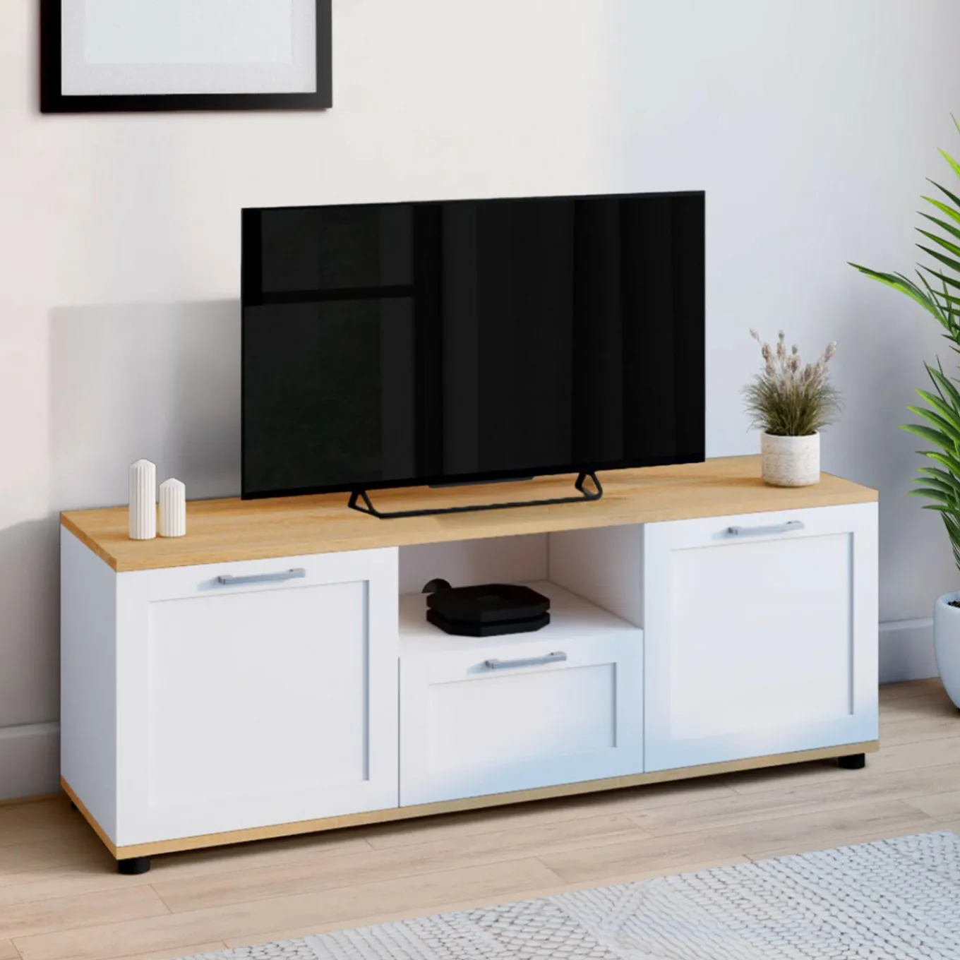 IDMarket Meuble TV blanc et bois 110 cm avec tiroir et niche* Meubles Tv