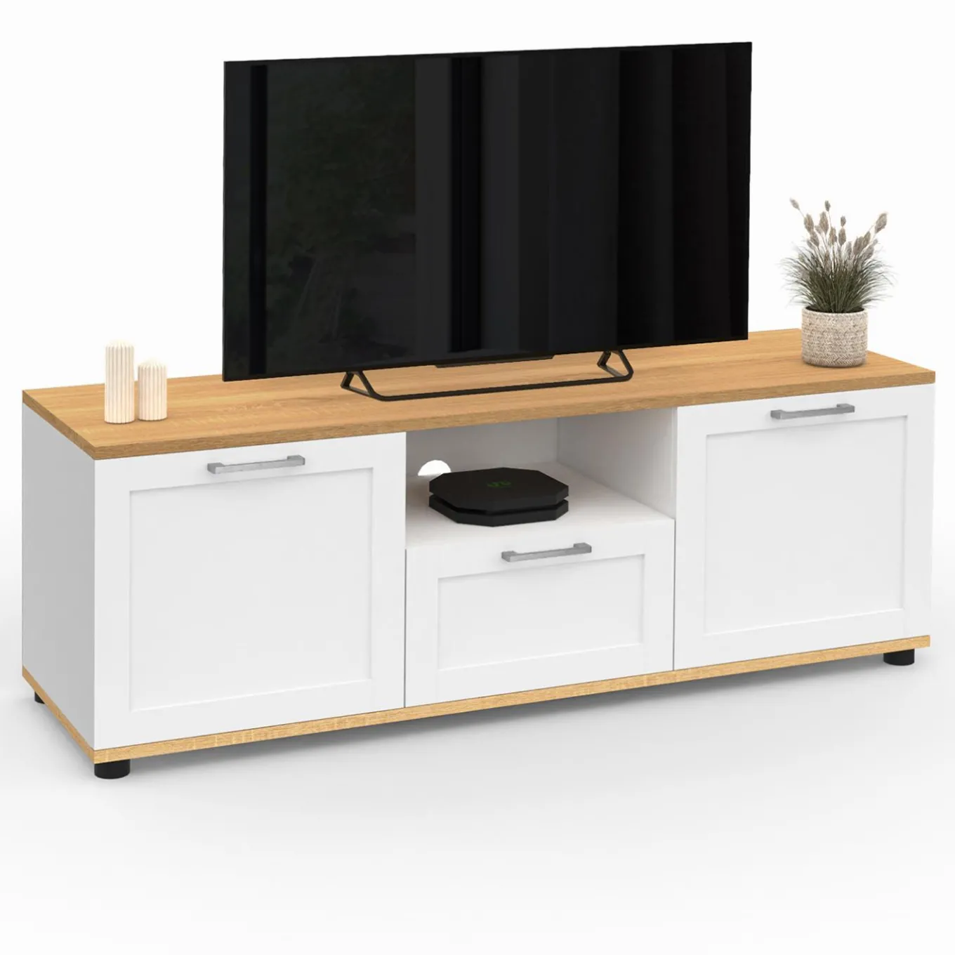 IDMarket Meuble TV blanc et bois 110 cm avec tiroir et niche* Meubles Tv