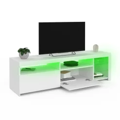 IDMarket Meuble TV blanc laqué avec étagères en verre et LED* Collection Design|Collection Contemporaine