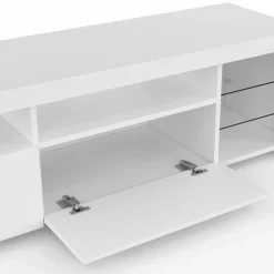 IDMarket Meuble TV blanc laqué avec étagères en verre et LED* Collection Design|Collection Contemporaine